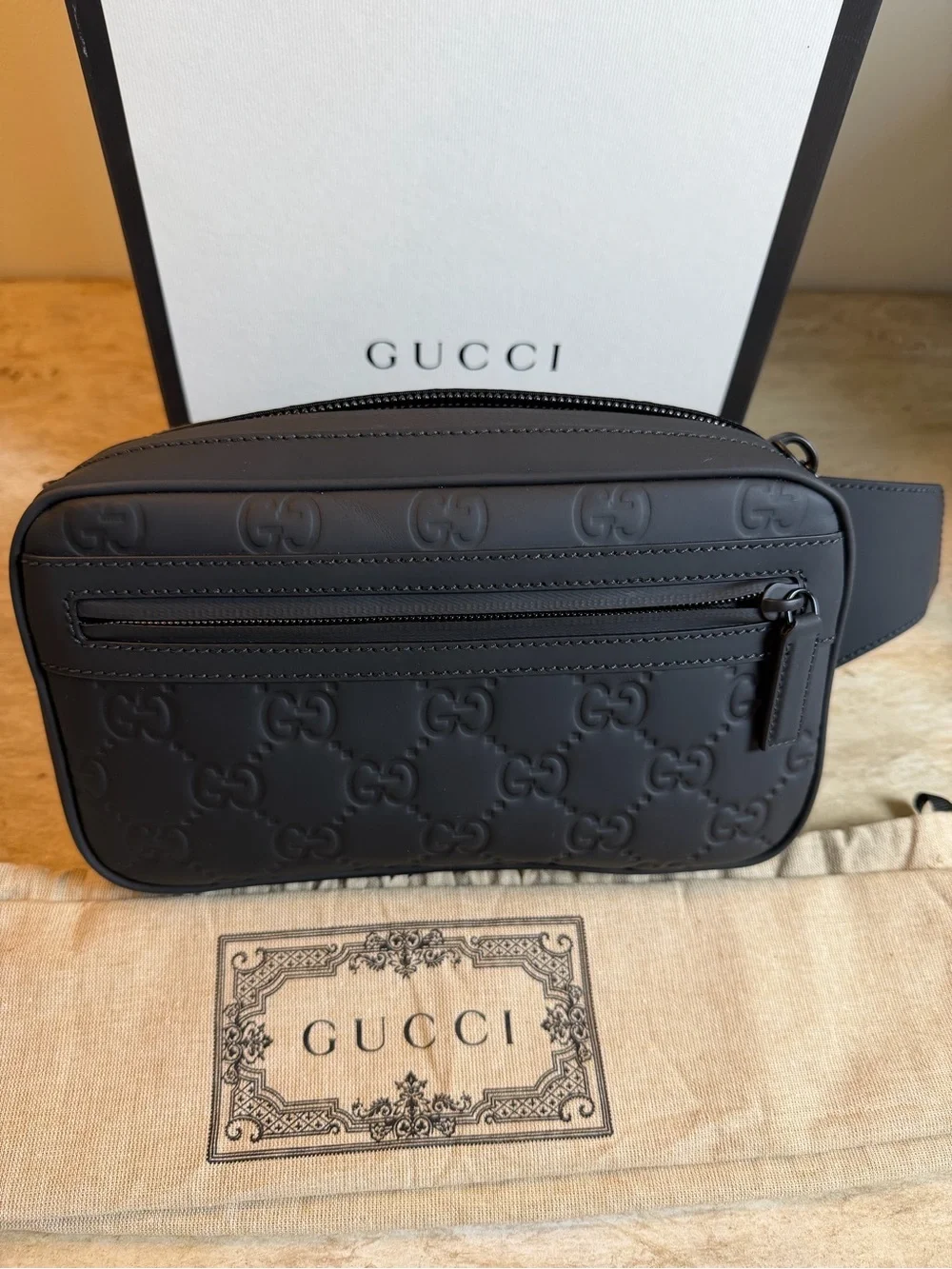 Gucci Matte Black GG Embossed Leather Belt Bag